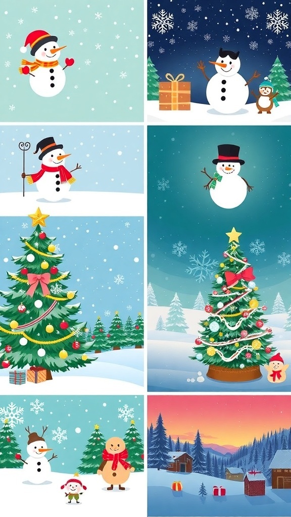 A selection of adorable Christmas wallpapers featuring snowmen, Christmas trees, and winter scenes for MacBook.